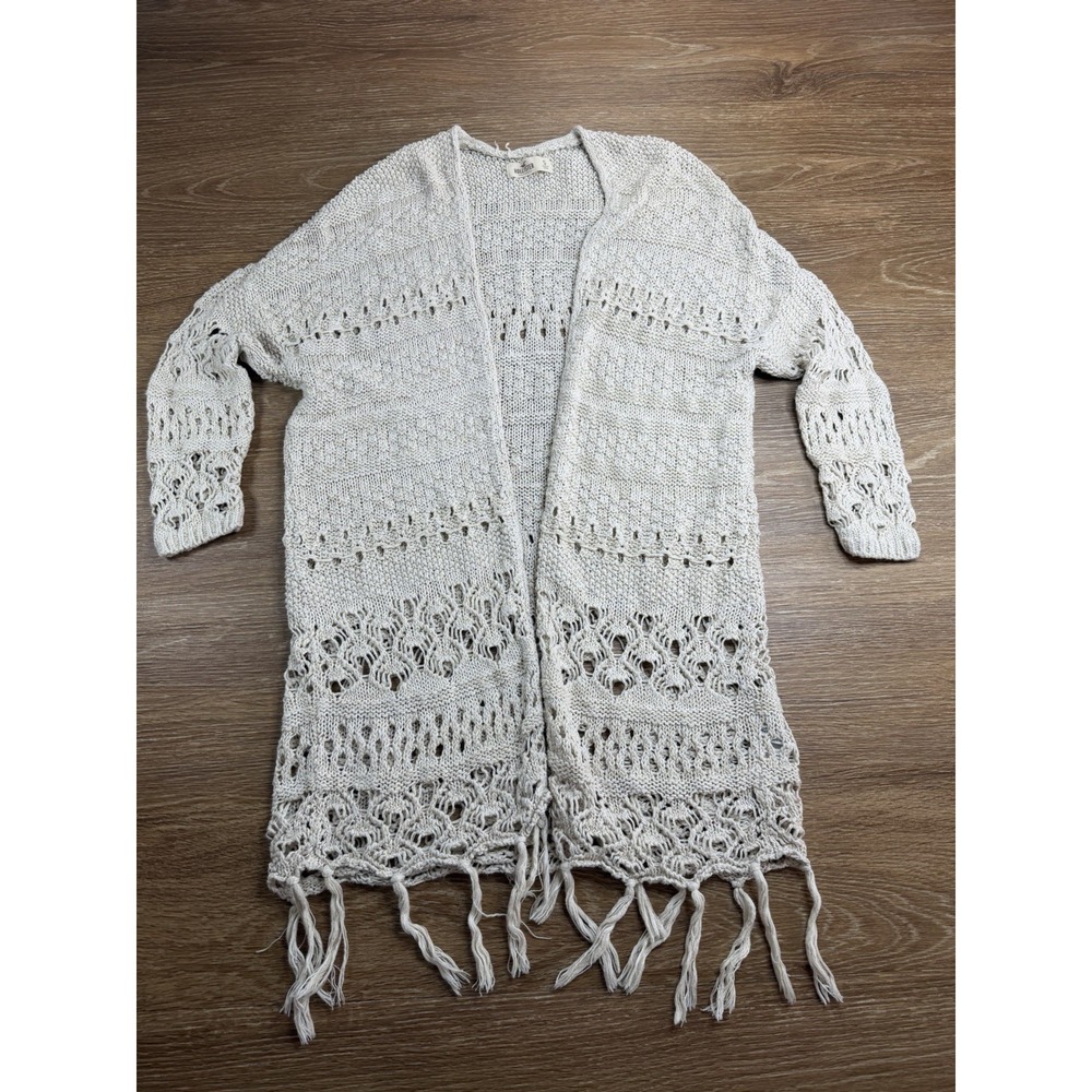 Hollister Cardigan Womens S Cream Crochet Open Knit Fringe Boho Cotton Duster
